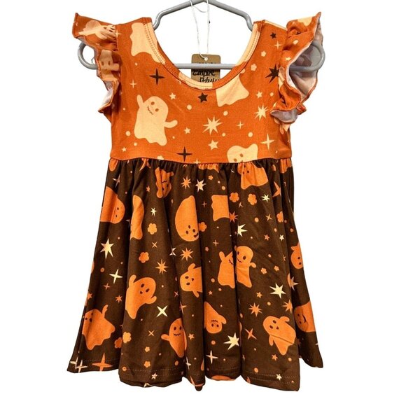 Dot Dot Smile Orange Brown Halloween Ghost Dress Ruffle Empire Fit Rare 12-24M - Picture 1 of 4